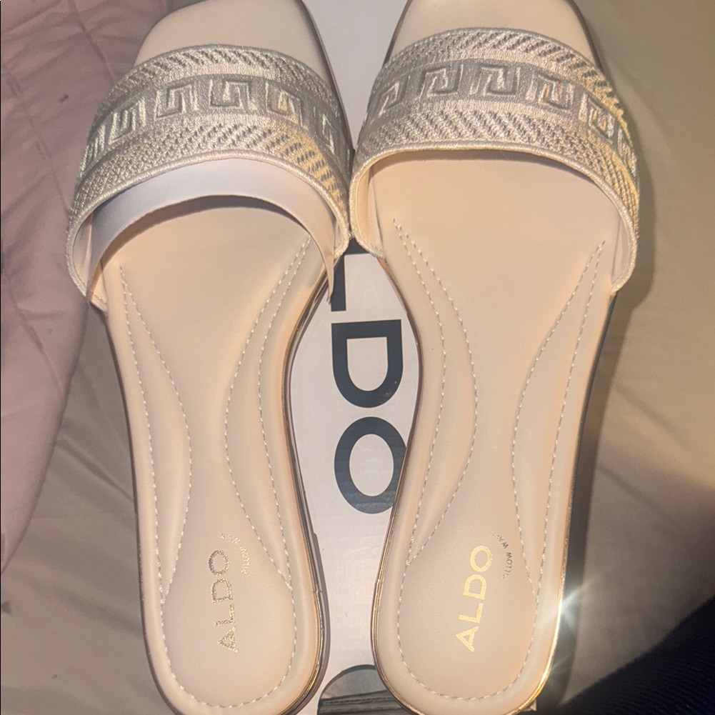 Aldo Cream And Silver Slide Sandals With Metallic Straps